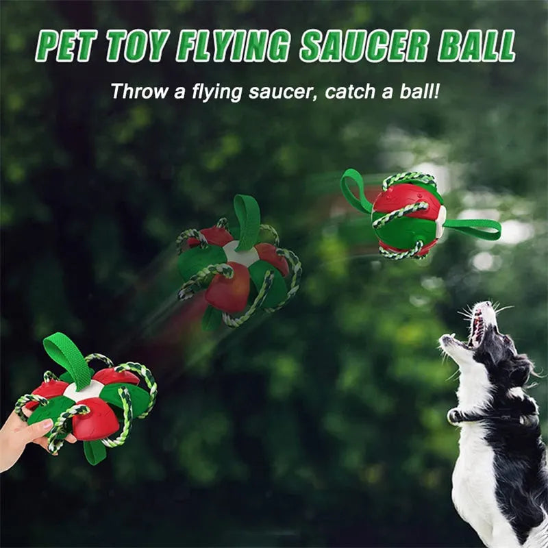 Interactive dog football soccer ball with tabs in blue and yellow, flattened into a frisbee shape with cotton rope around edge