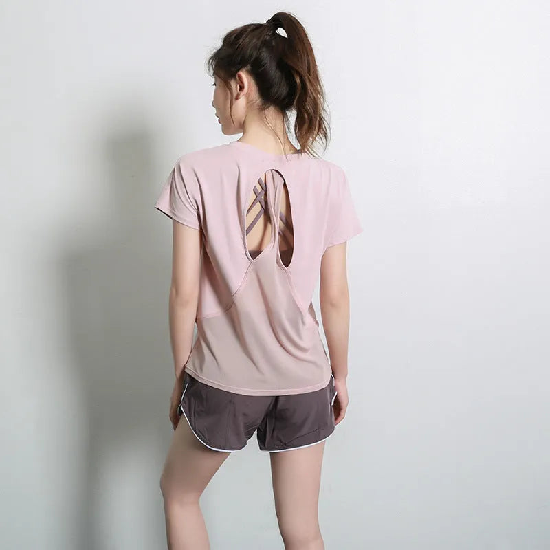 Women's short sleeve polyester sports T-shirt in grey green for running and gym workouts