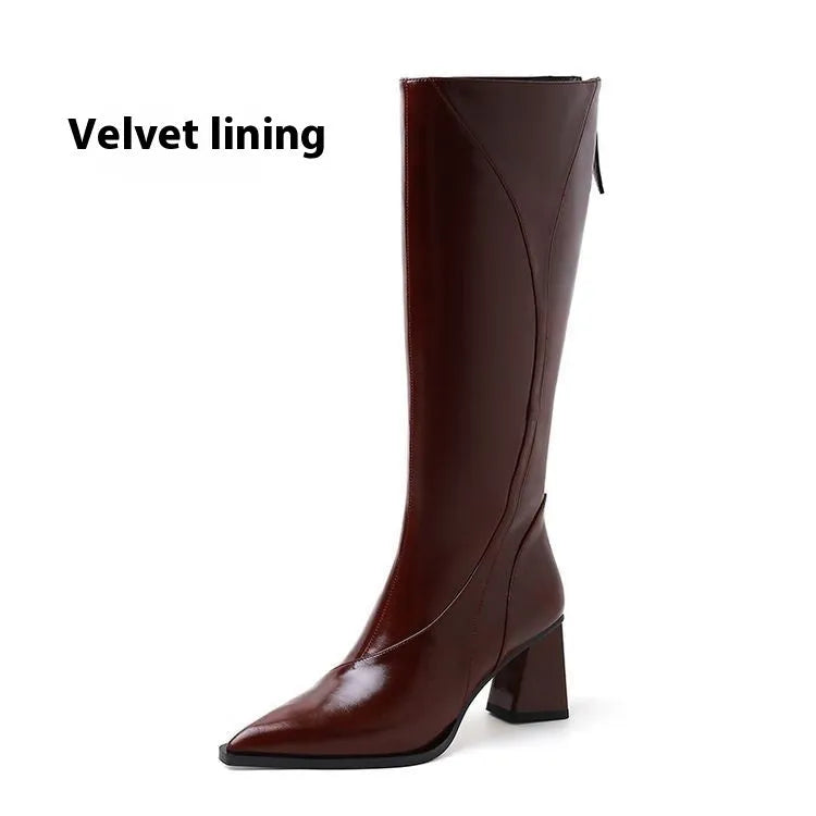 Retro Maillard tube high heel riding boots in black cowhide leather with waterproof platform and high shaft