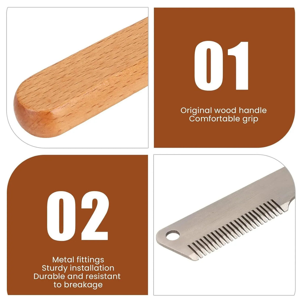Pet stripping comb grooming tool with wood handle shown in long and short size options