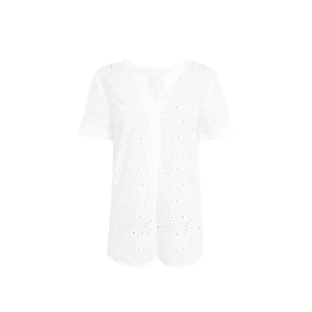 White women's V-neck loose t-shirt with hollow short sleeve design.