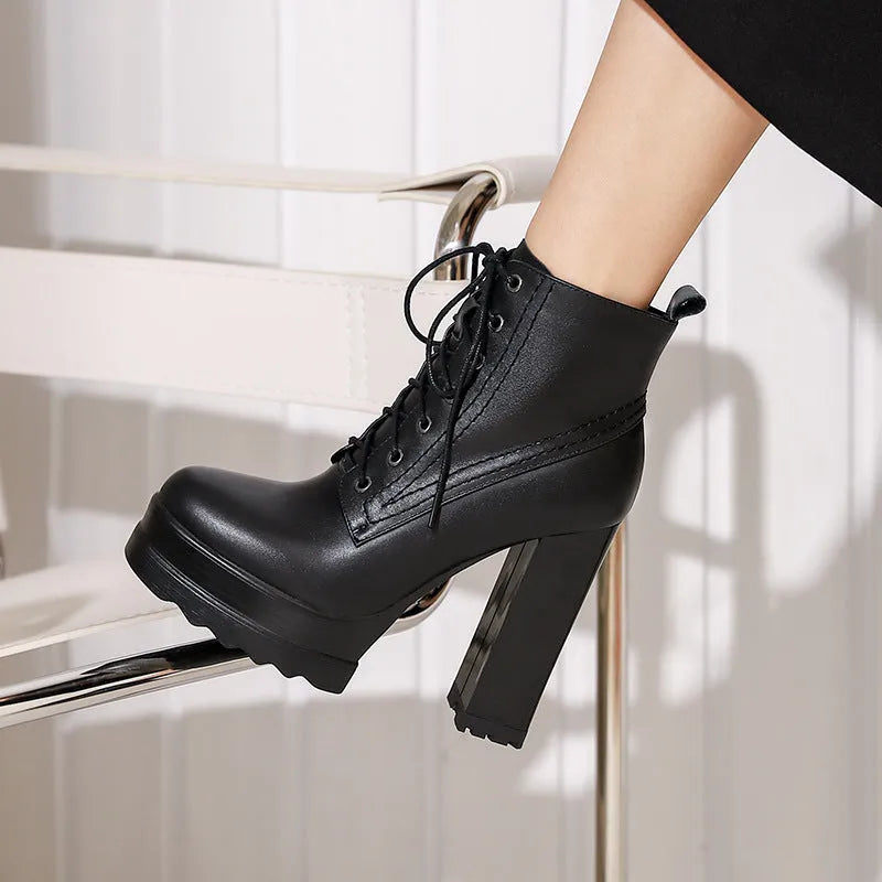 Women's black waterproof platform boots with chunky heel and side zipper closure