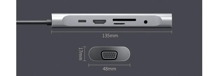 Grey aluminium alloy USB-C docking station with HDMI, VGA, USB ports, and a card reader.