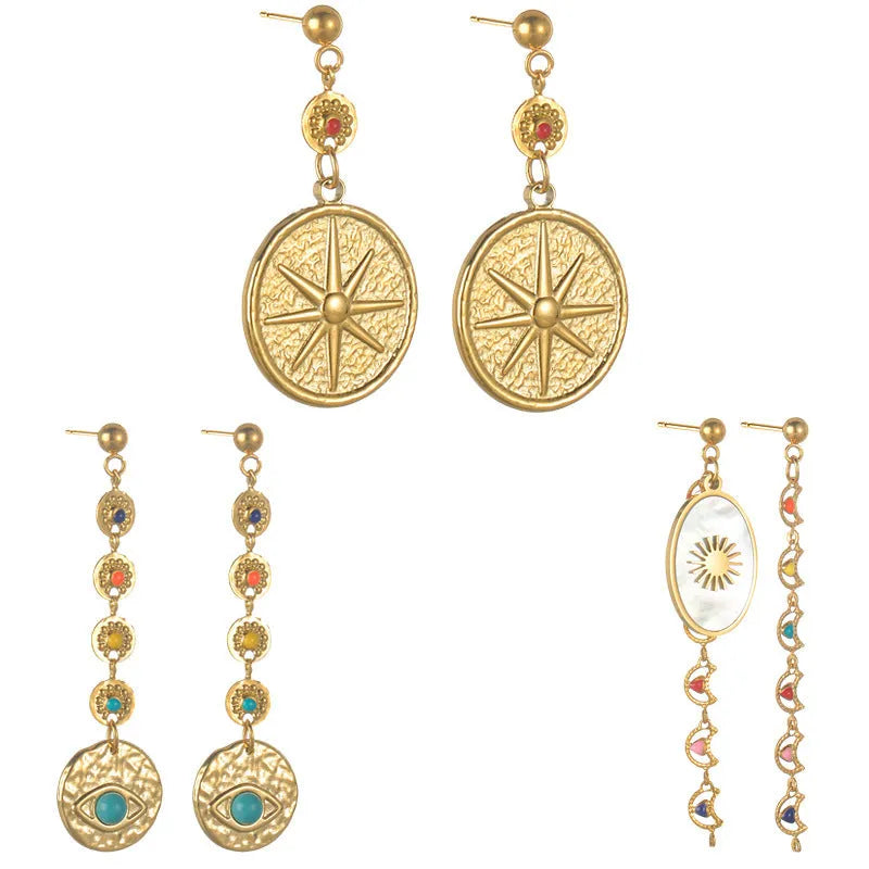 Geometric stainless steel earrings showing Eight Awn Star, Eye, and Shell Sun design options