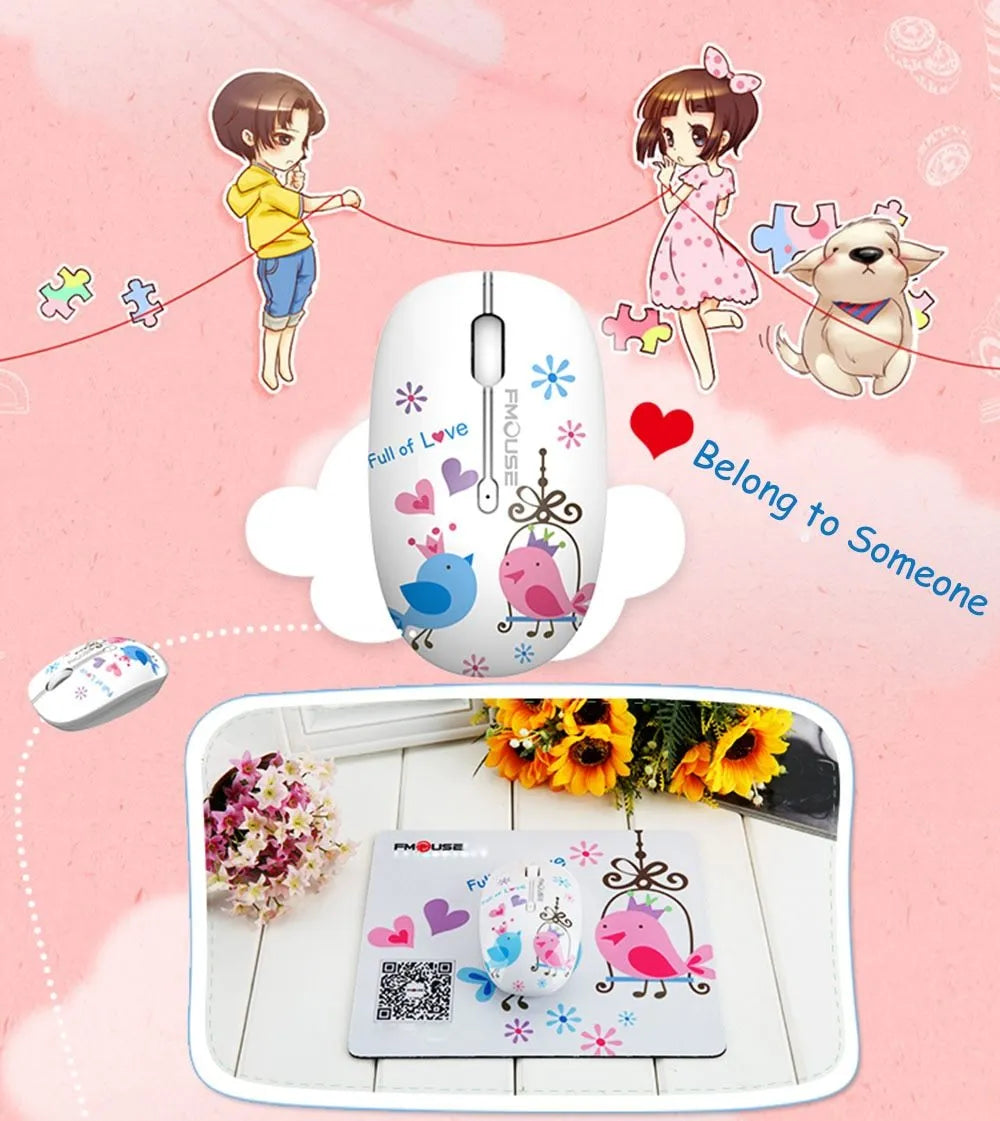 FMOUSE mini wireless mouse 1600DPI silent 2.4G with USB receiver in Bear, Birds, Butterfly or Flowers style