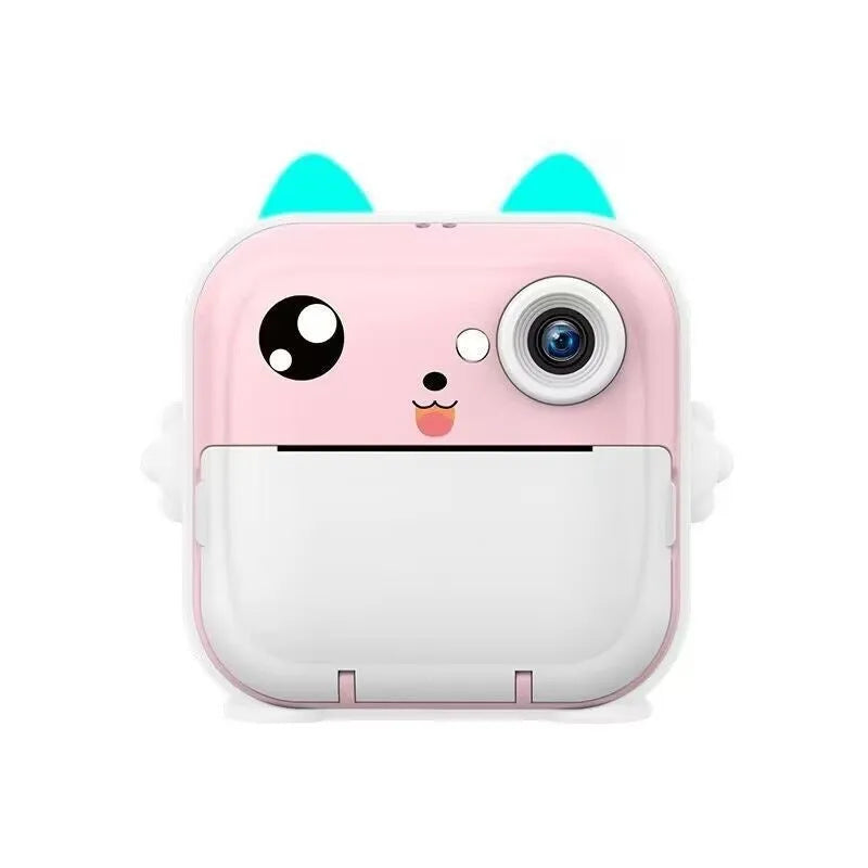 Pink children's handheld SLR toy camera with double lens on a table.