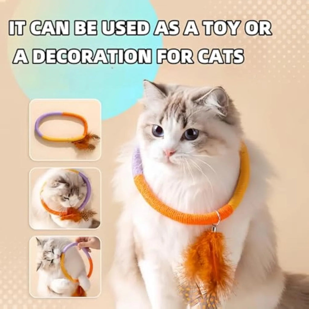Circular green cotton rope cat toy with feathers and catnip for interactive feline play