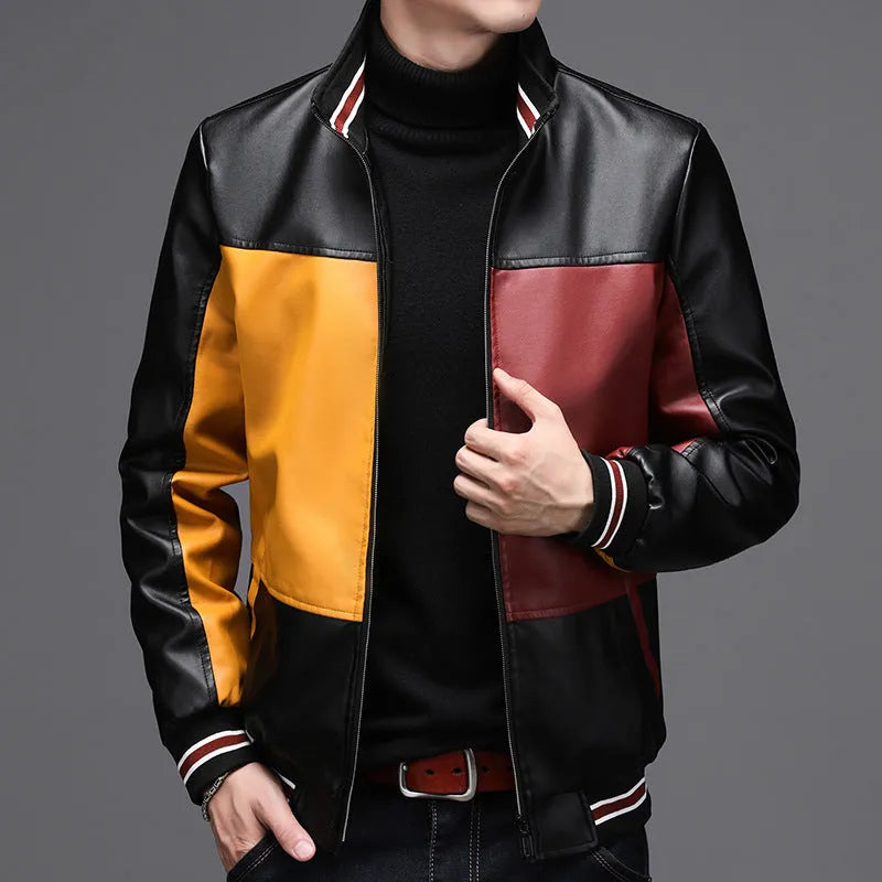 Men's leather casual jacket with stand-up collar and zip front, polyester lining, blue or red, sizes L-4XL