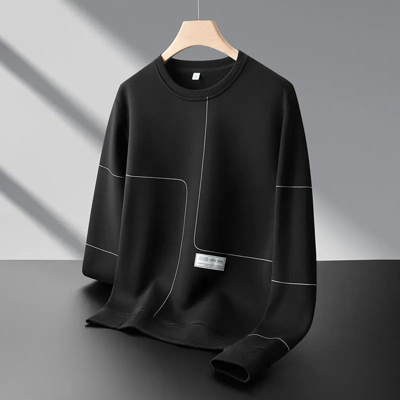 Men's loose round neck striped pullover sweatshirt in cotton with 3D patch pocket