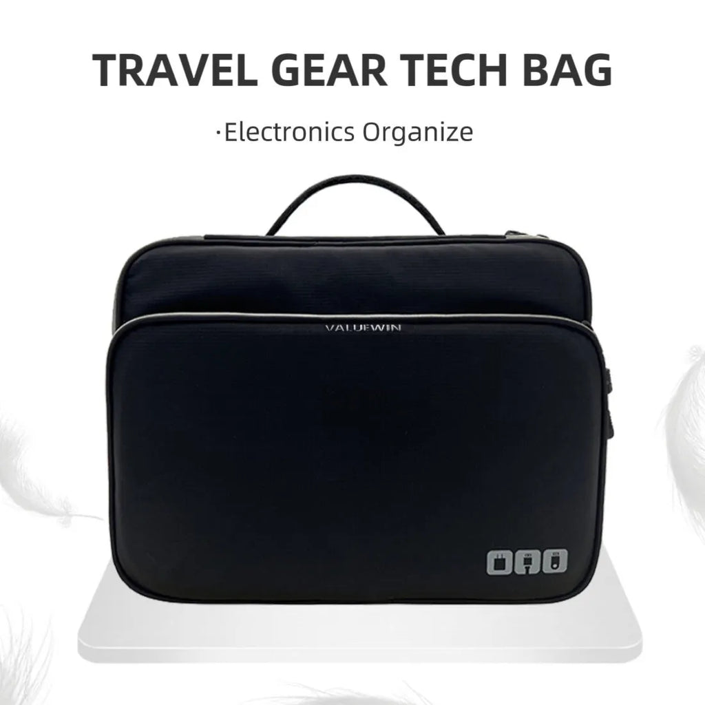 Grey three-layer polyester travel storage bag with sewing line detail, shown open.