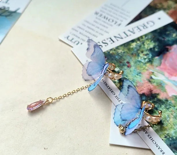 Original fairy mori style silk yarn butterfly earrings with unset inlaid, animal shape, lightweight design