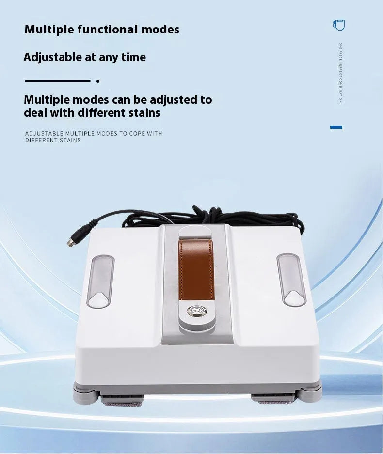 White intelligent window cleaning robot for automated high-rise window washing.