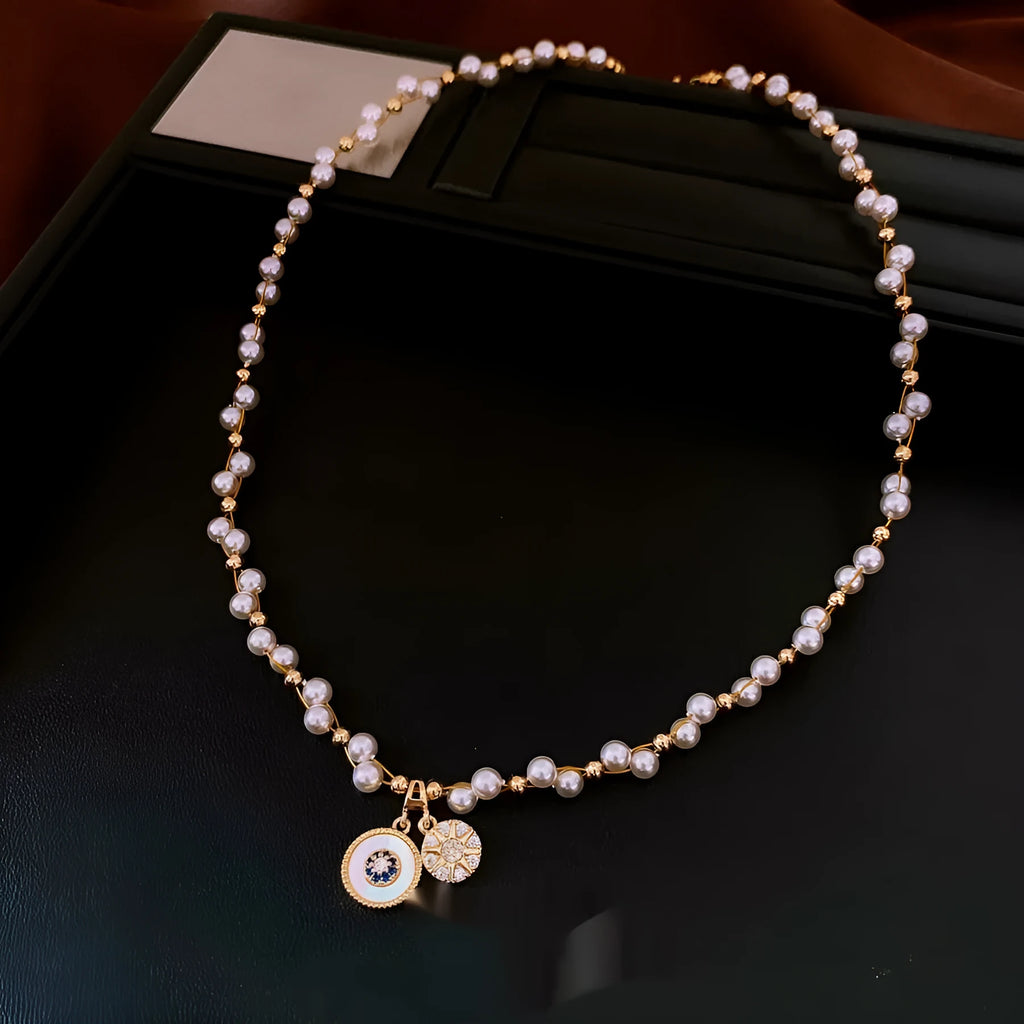Gold electroplated women's necklace with zircon stones and round imitation pearl pendant on adjustable 41-50cm chain