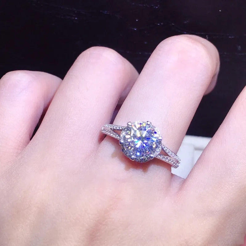 White gold colour copper ring with round 6.5mm moissanite stone and adjustable opening