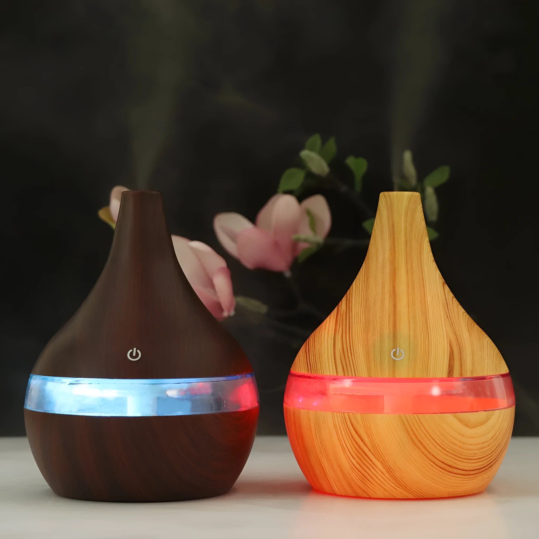 USB mini desktop air purifier and humidifier in wood grain finish for small rooms.