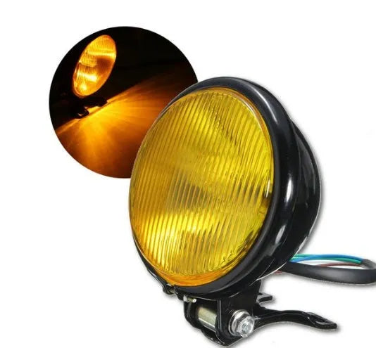 Round bottom mount motorcycle headlight, black aluminium shell, amber glass lens, 12.5 x 8.5cm, 5-wire connection