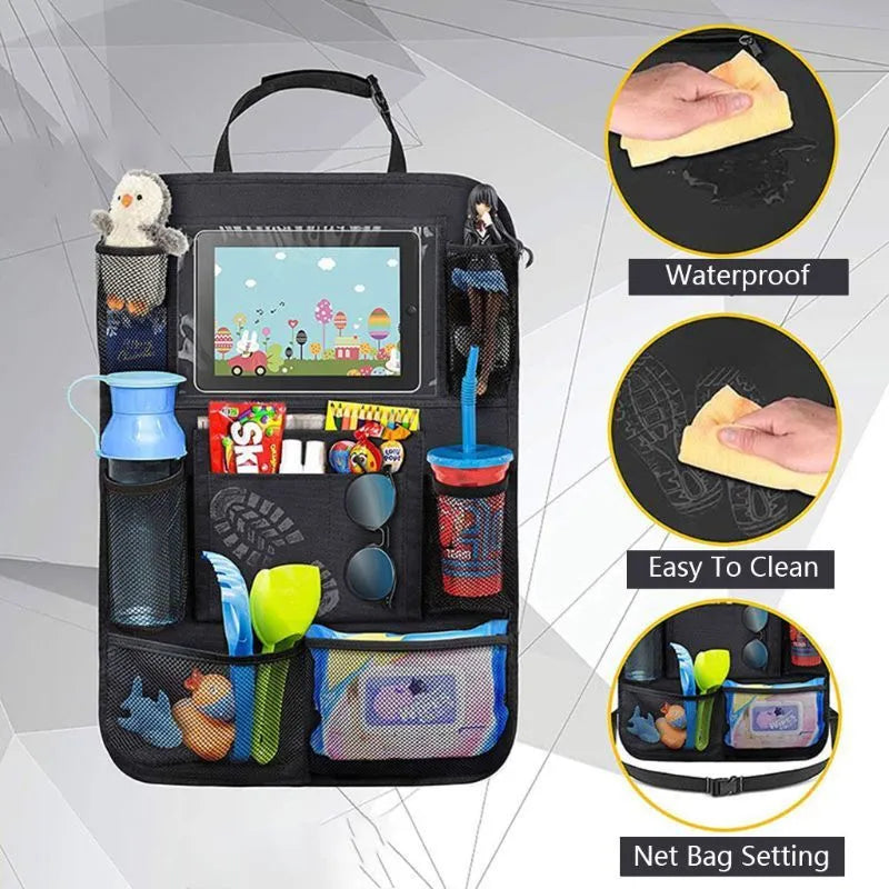 Car storage bag sewn from black Oxford fabric, 61 by 41 cm, fitted behind a car seat backrest