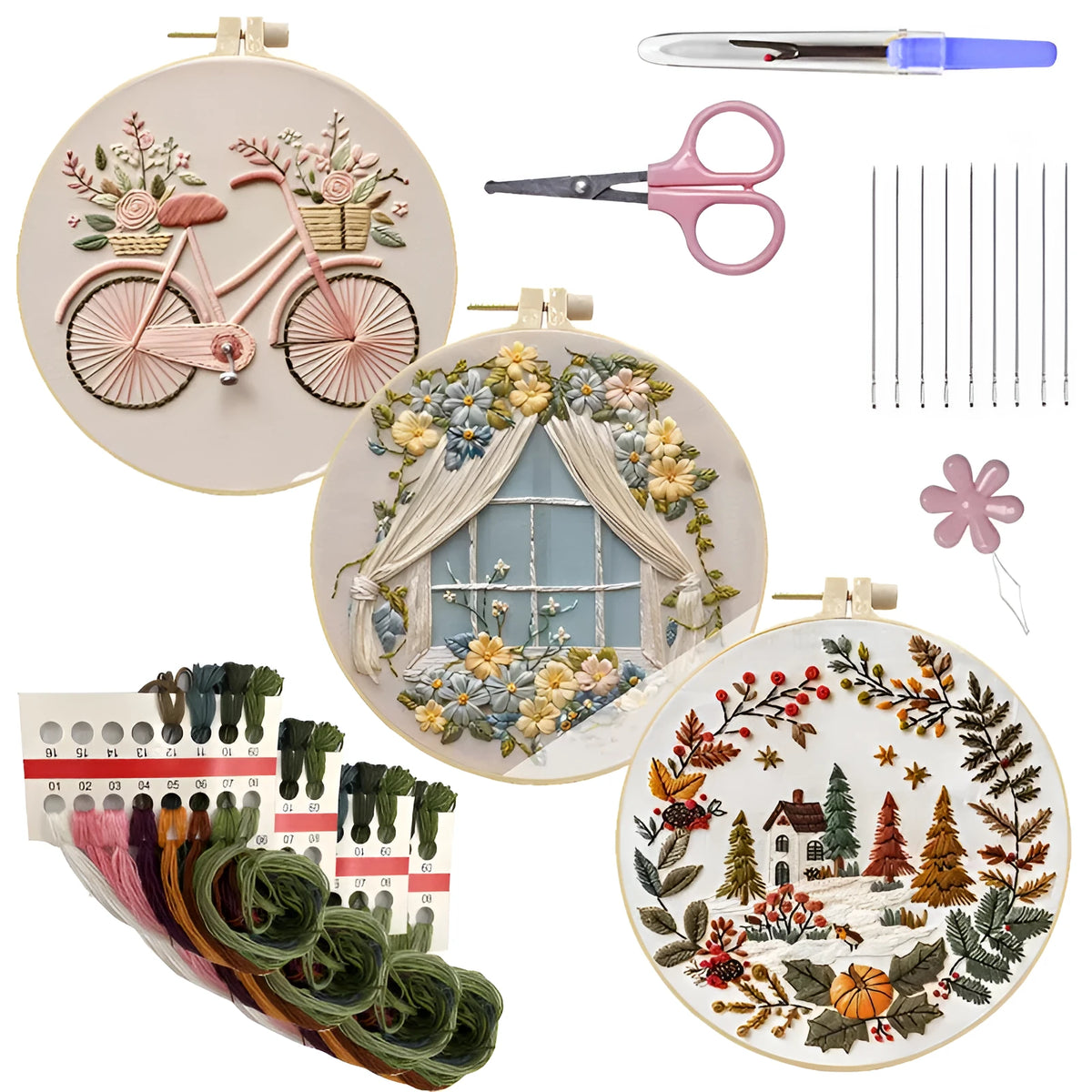 Embroidery kit with cotton linen fabric, 15cm imitation bamboo frame, Winter House colour cartoon anime pattern