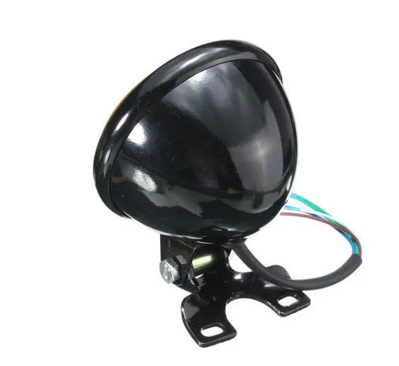 Round bottom mount motorcycle headlight, black aluminium shell, amber glass lens, 12.5 x 8.5cm, 5-wire connection