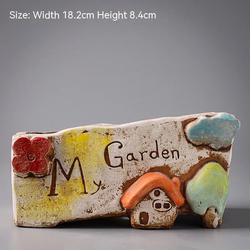Hand-painted large ceramic succulent flower pot with pastoral design in colour A
