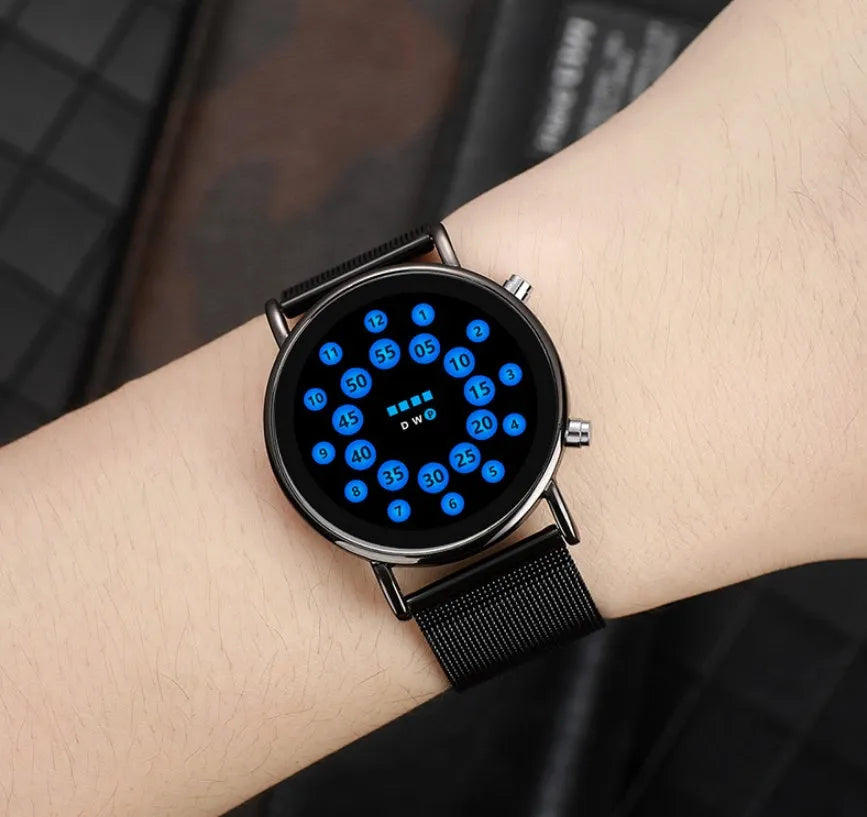 LED electronic watch with alloy case and steel mesh strap showing illuminated blue display
