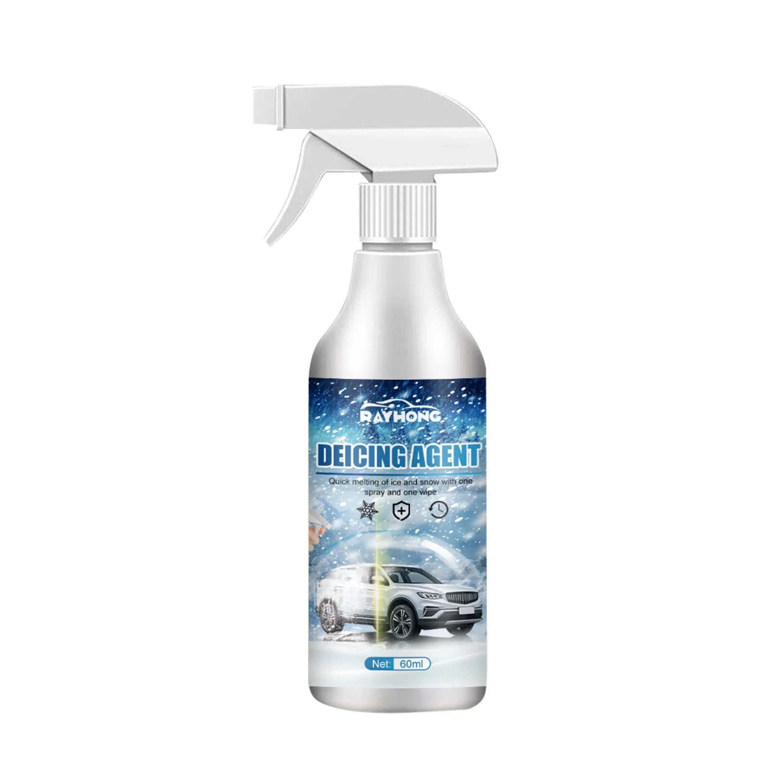 60ml car de-icer spray bottle and cloth scraper for winter windscreen ice removal.