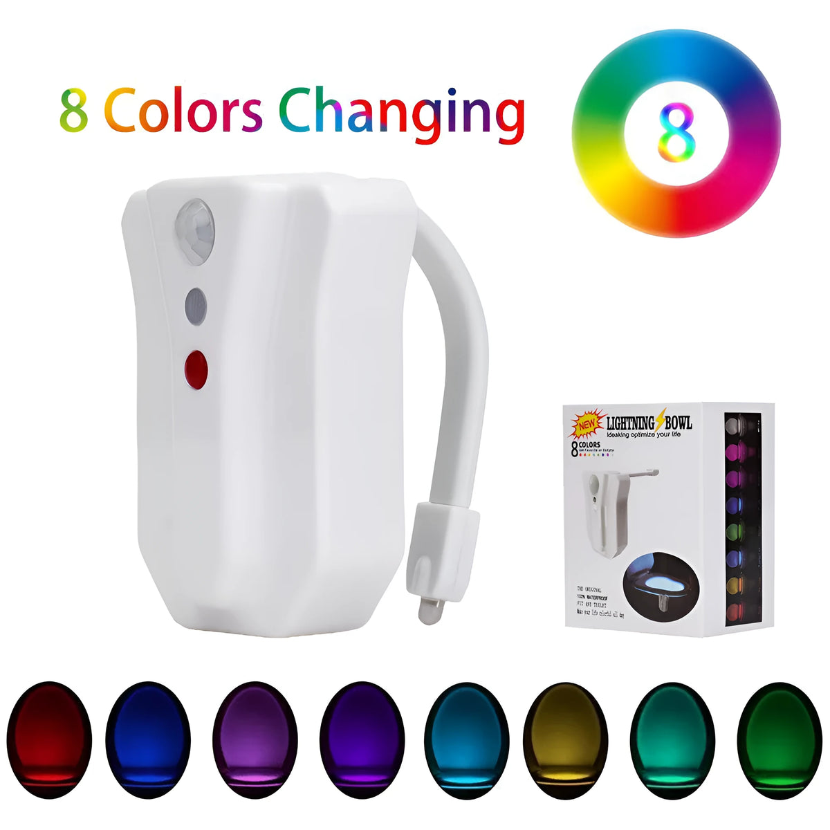 8-colour LED toilet light with motion sensor and flexible stick for night-time bathroom use