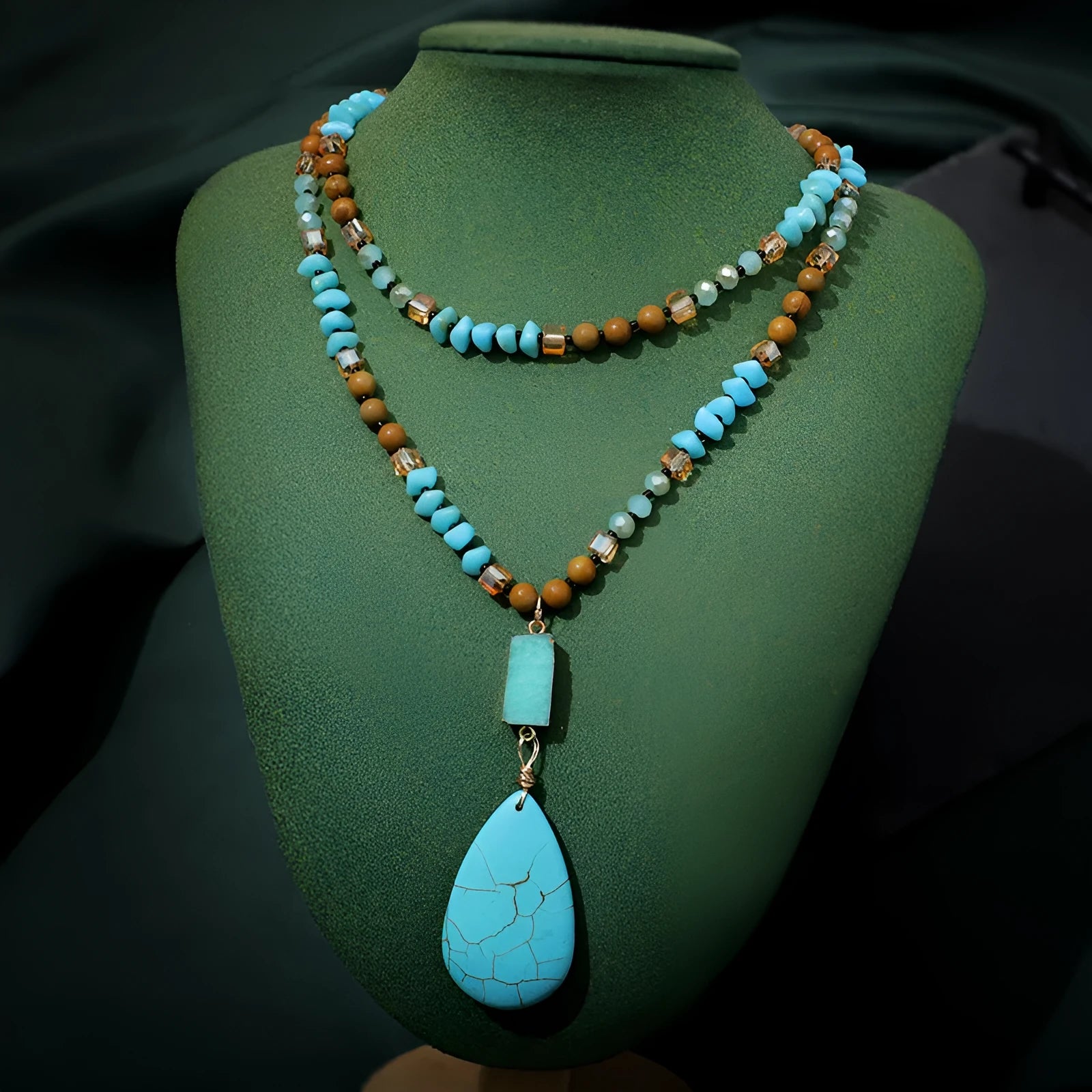 Turquoise blue water drop pendant necklace with mixed gem inlay and ball bead chain