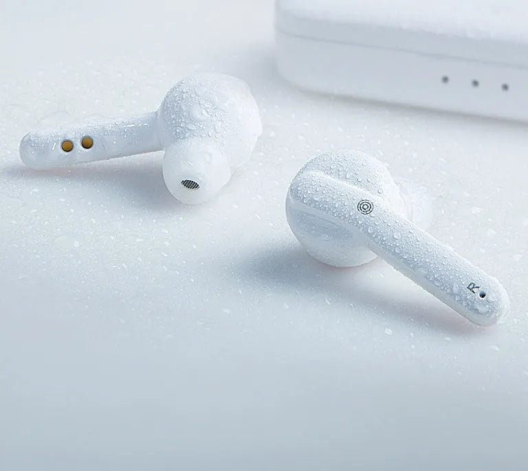 Black and white TWS wireless earbuds with Bluetooth 5.0 and IPX5 waterproof rating.