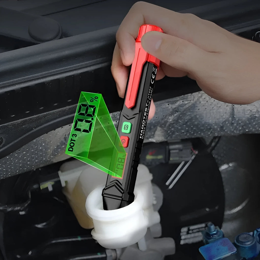 Digital brake fluid tester pen with LCD screen, included batteries and manual in a colour box.