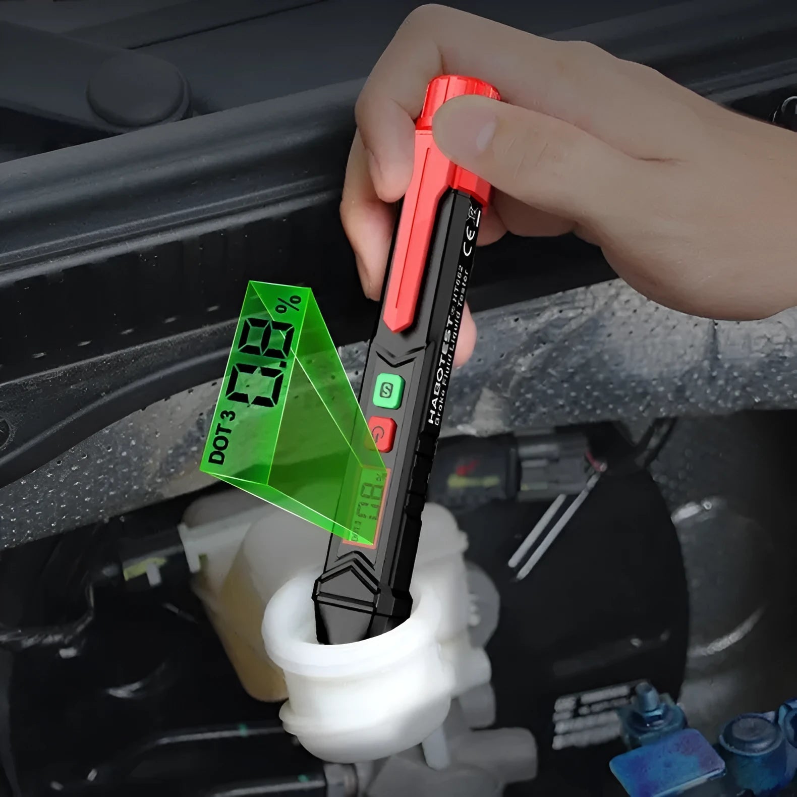 Digital brake fluid tester pen with LCD screen, included batteries and manual in a colour box.