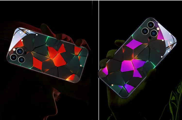Xpress 14 tempered glass protective case for iPhone with light-up diamond design on a dark background.