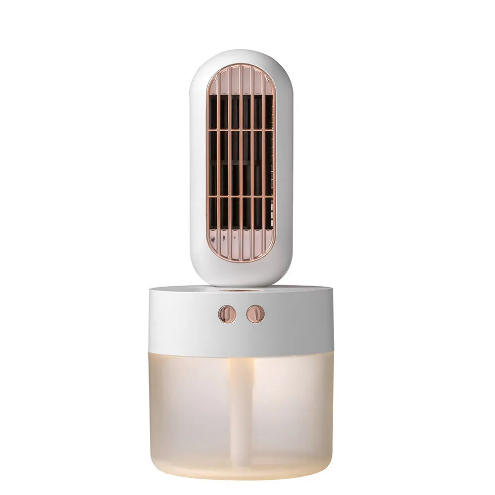 Small black and white oscillating humidifier fan with mechanical controls on desktop