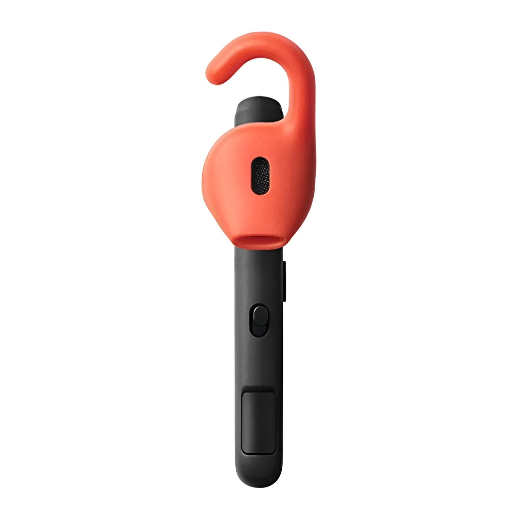 Black behind-the-ear Bluetooth earphone showing wireless design and ear hook
