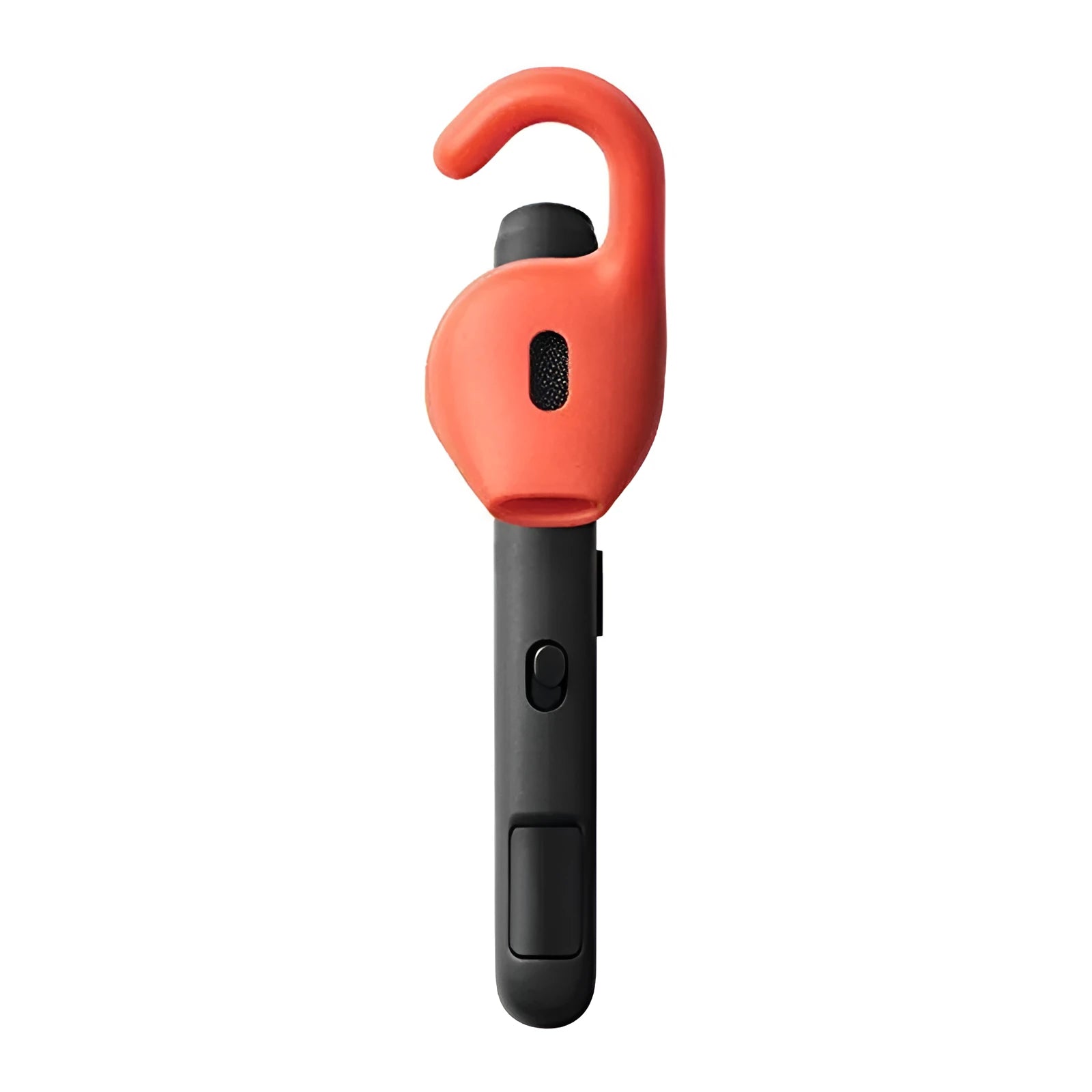 Black behind-the-ear Bluetooth earphone showing wireless design and ear hook