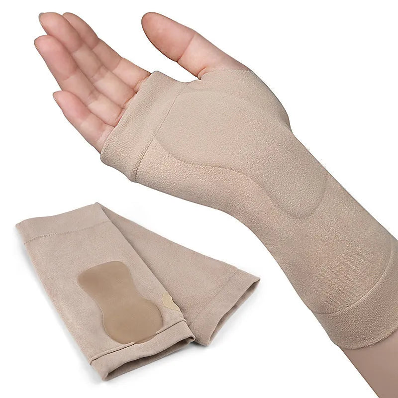 Soft wear-resistant sports wristband in skin colour for left hand, placed on a fitness mat