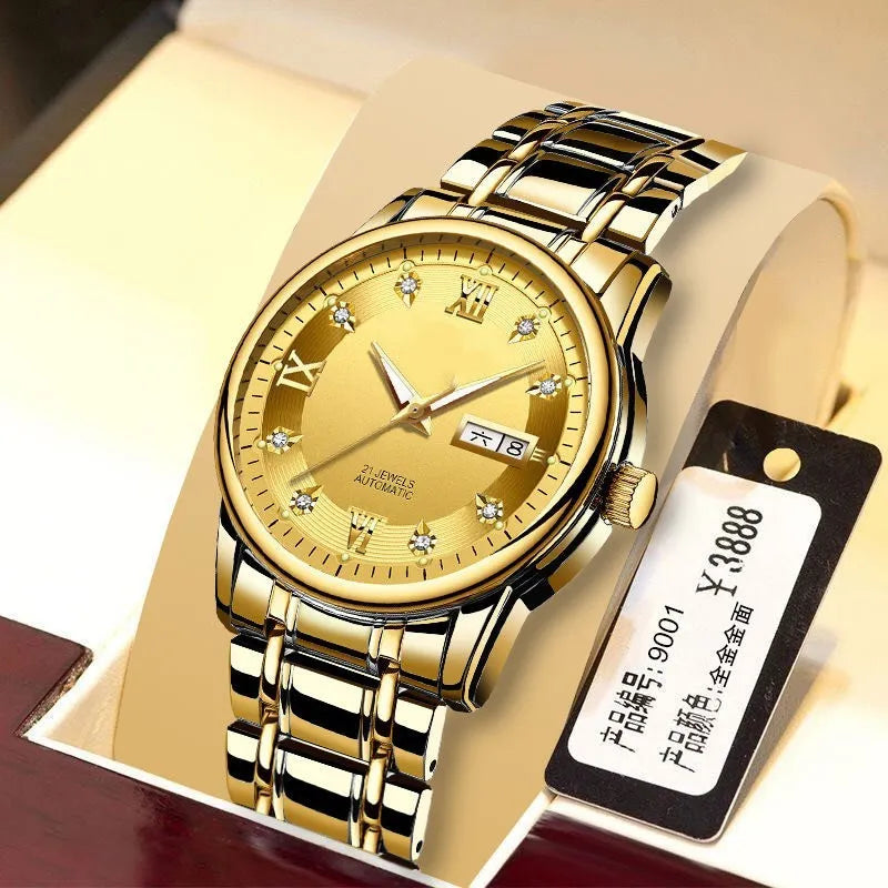 Men's fully automatic luminous quartz watch with 40mm circular dial, mineral glass, and stainless steel buckle