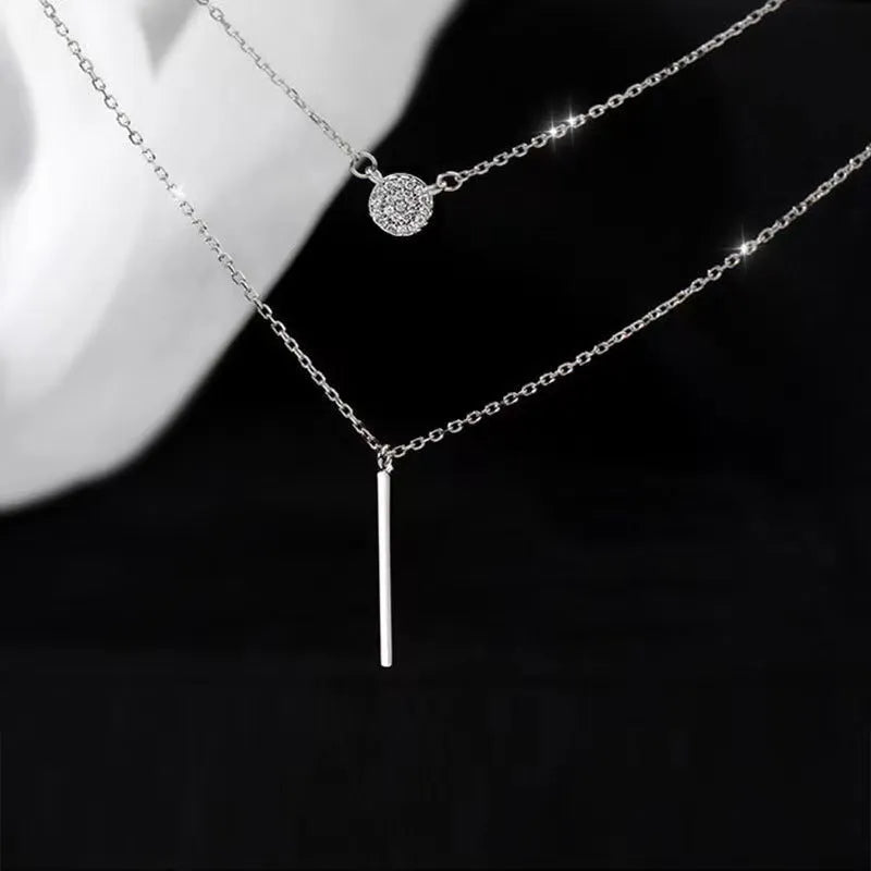 S925 silver double chain long stick pendant necklace with micro pave zircon round stone, white gold colour
