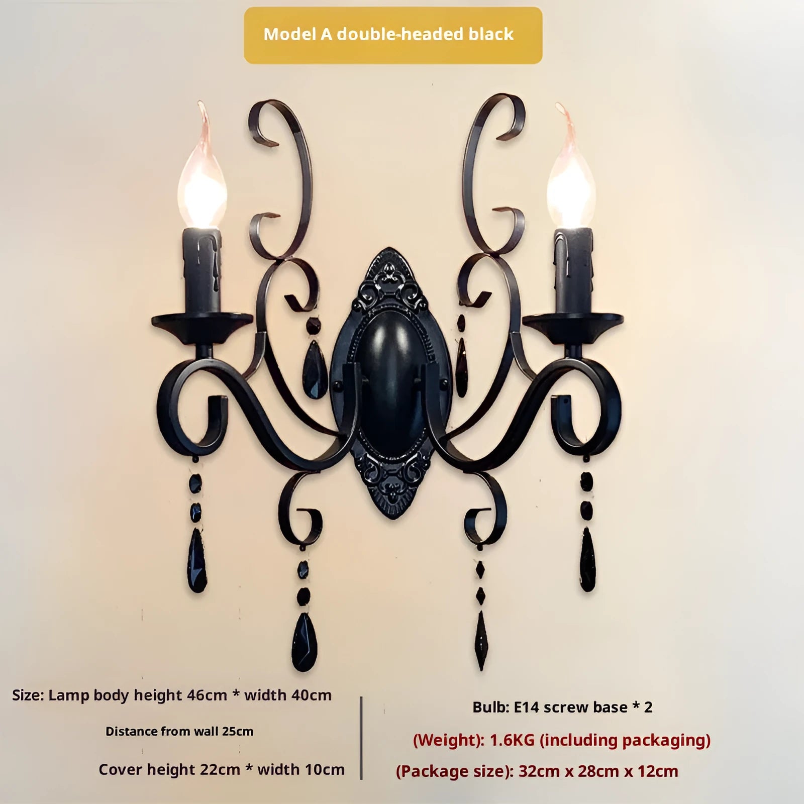 Black iron double-headed retro French wall lamp with European style