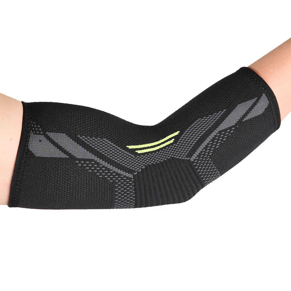 Black elbow support compression sleeve with anti-slip technical knit design on a neutral background