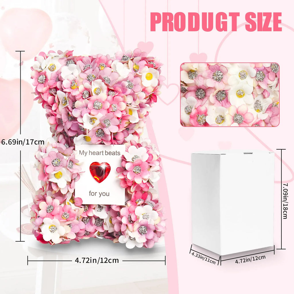 Pink handmade artificial rose bear ornament 17cm polyester foam