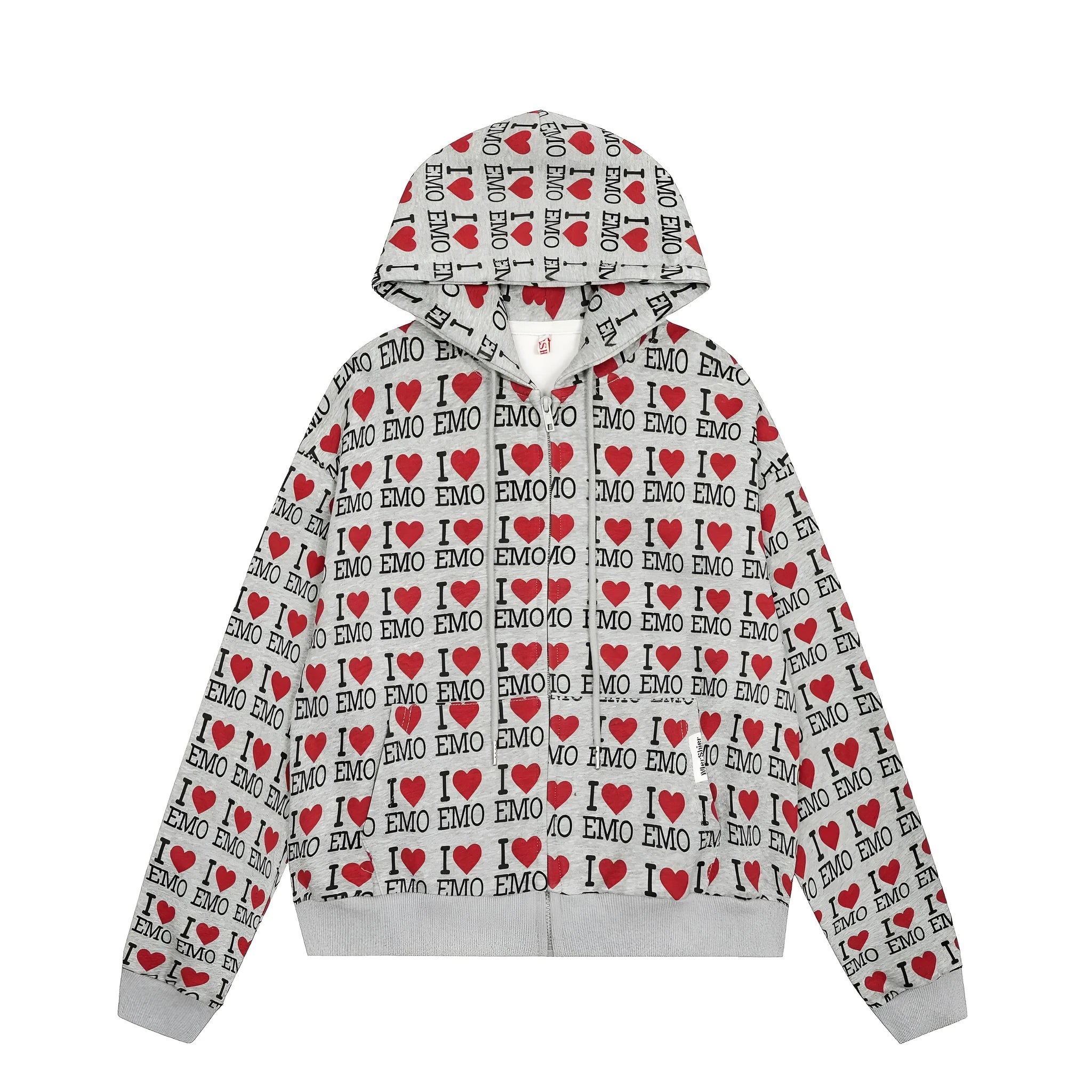 Women's grey cotton hooded cardigan sweater with autumn retro pattern and long sleeves