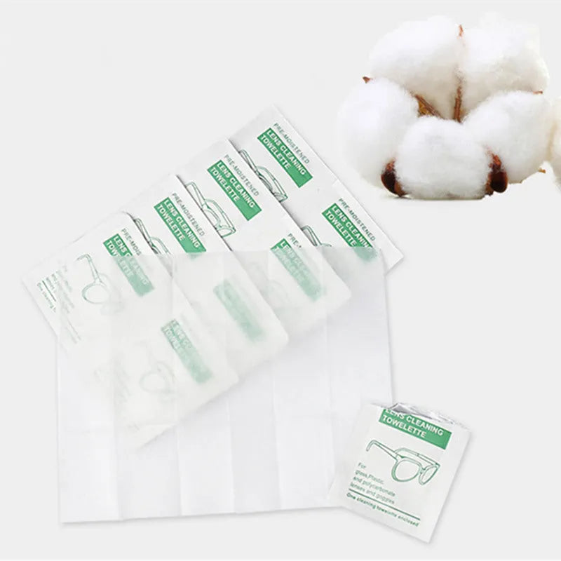 Pack of 100 individually wrapped optical cleaning wipes for glasses, lenses, and screens.