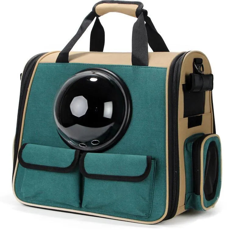 Pet bag backpack in green Oxford material for dogs and cats, 40x28x36cm, with breathable design