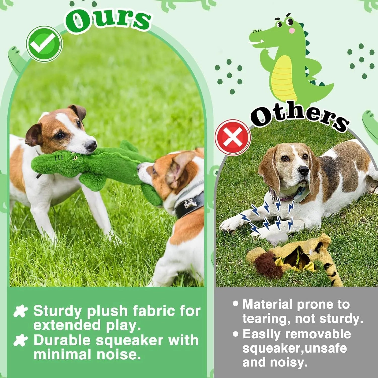 Green crocodile-shaped plush dog chew toy with no stuffing, shown with squeaker and crinkle features.