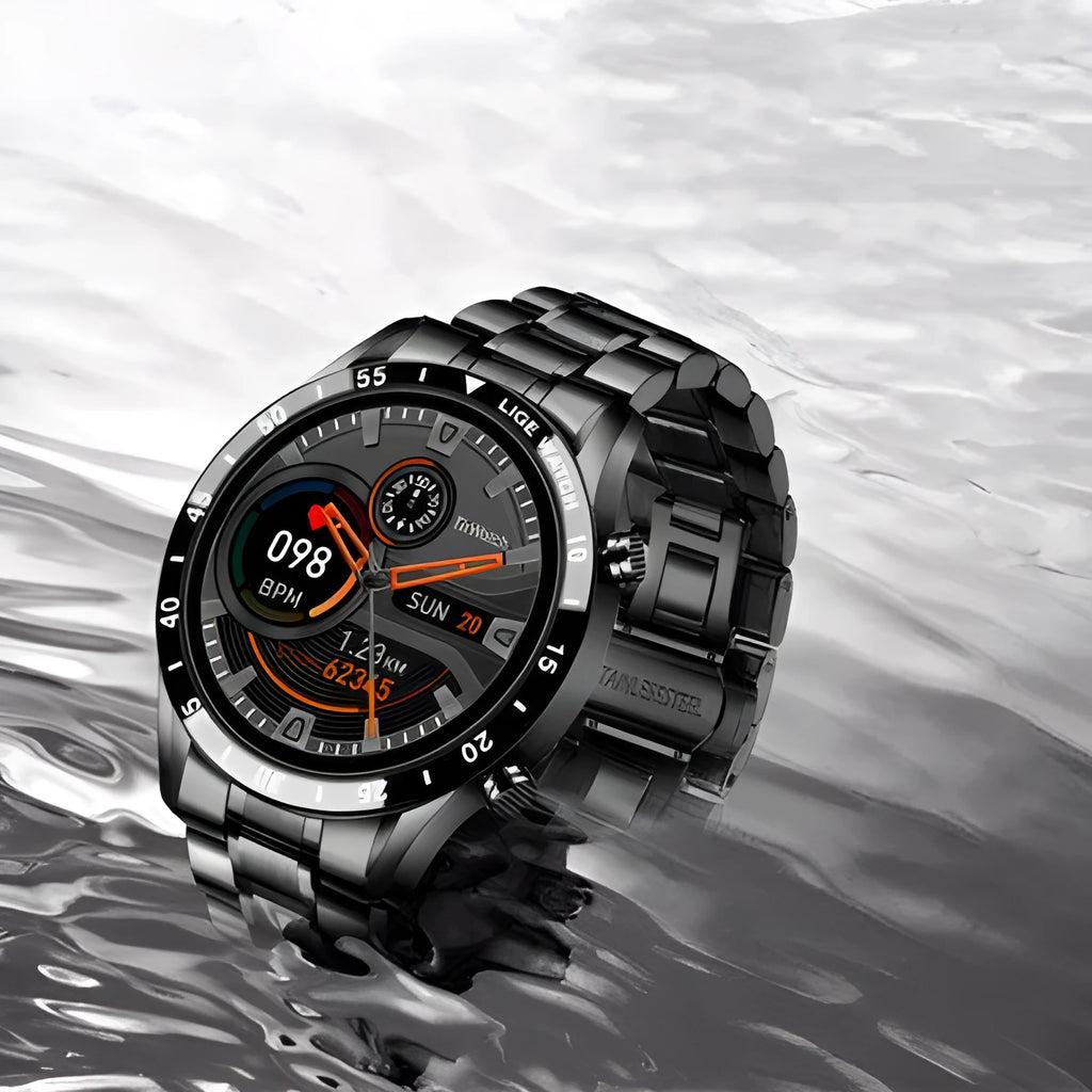 Smart watch with stainless steel wristband and 1.3-inch touch screen displaying step count