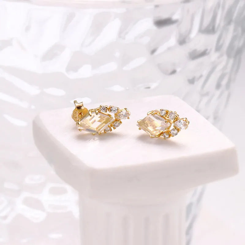 Geometric 925 silver stud earrings with sweet white electroplated crystals