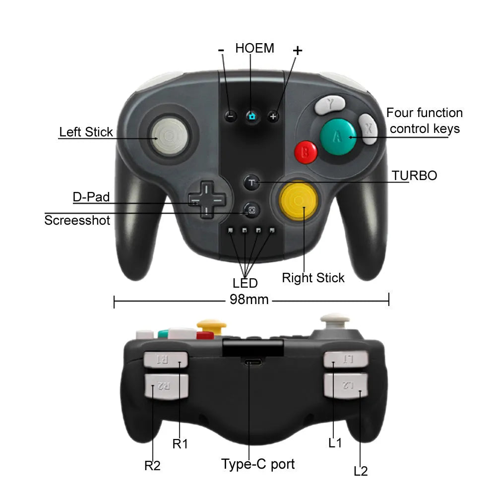 Black wireless gamepad with colourful packaging for Nintendo Switch and Windows PC gaming