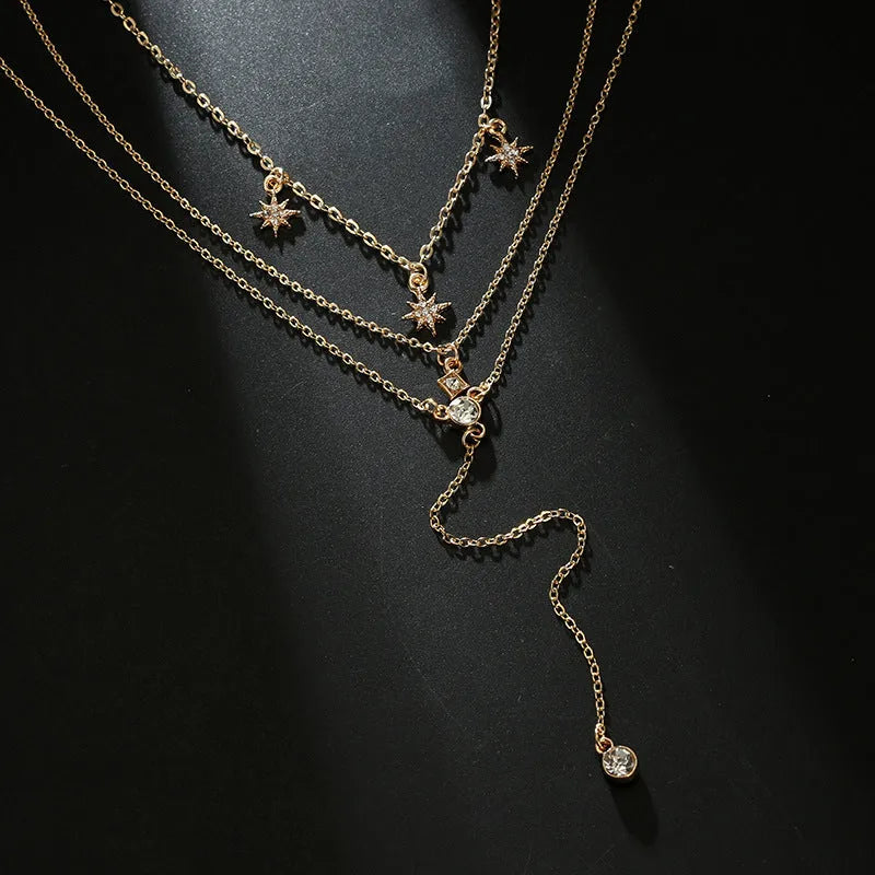 Moon star multilayer necklace set in alloy with plated finish, women's sweater chain, 1x star necklace