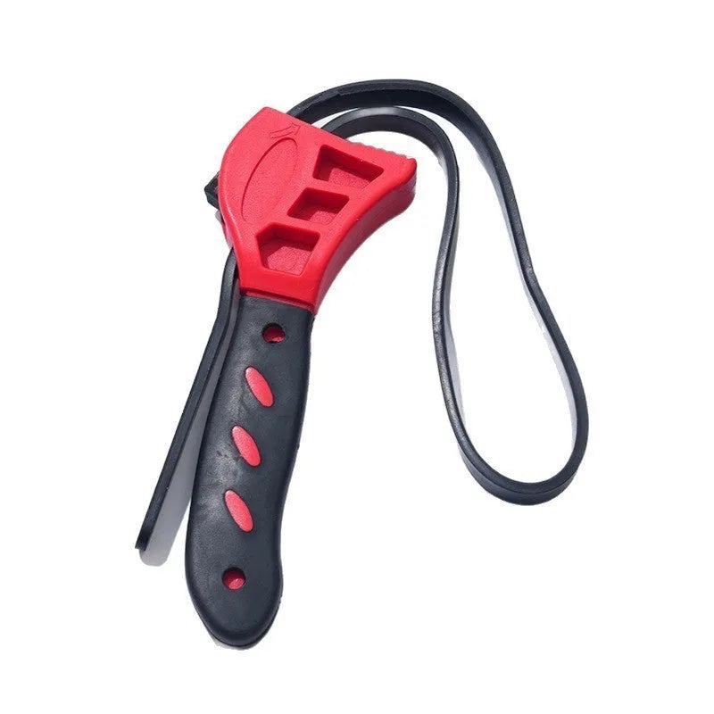 Two adjustable rubber strap wrenches, sizes 6-inch and 8-inch, with a 21.5 cm handle on a workbench.